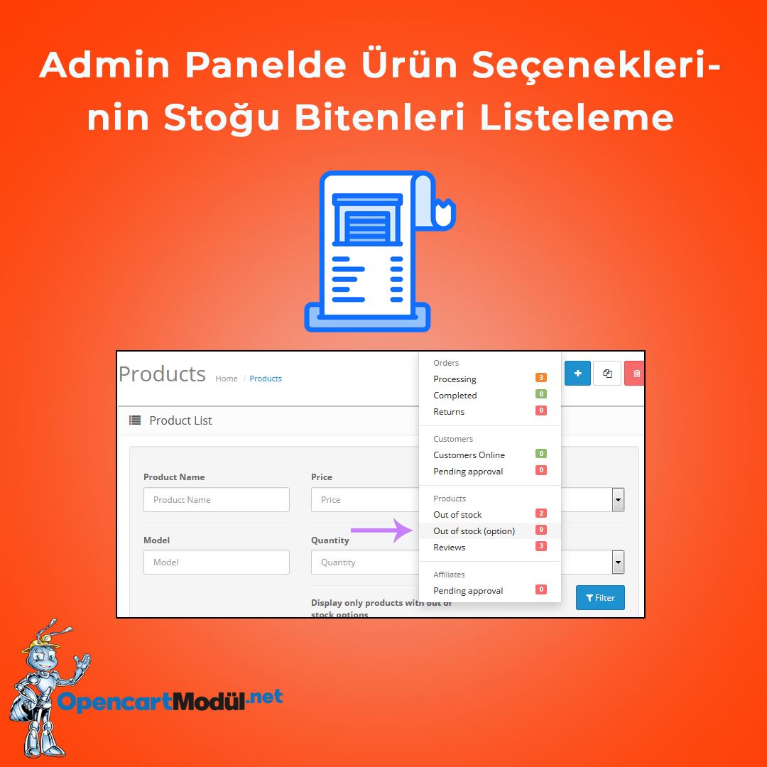 Admin Panelde Ürün Seçeneklerinin Stoğu Bitenleri Listeleme