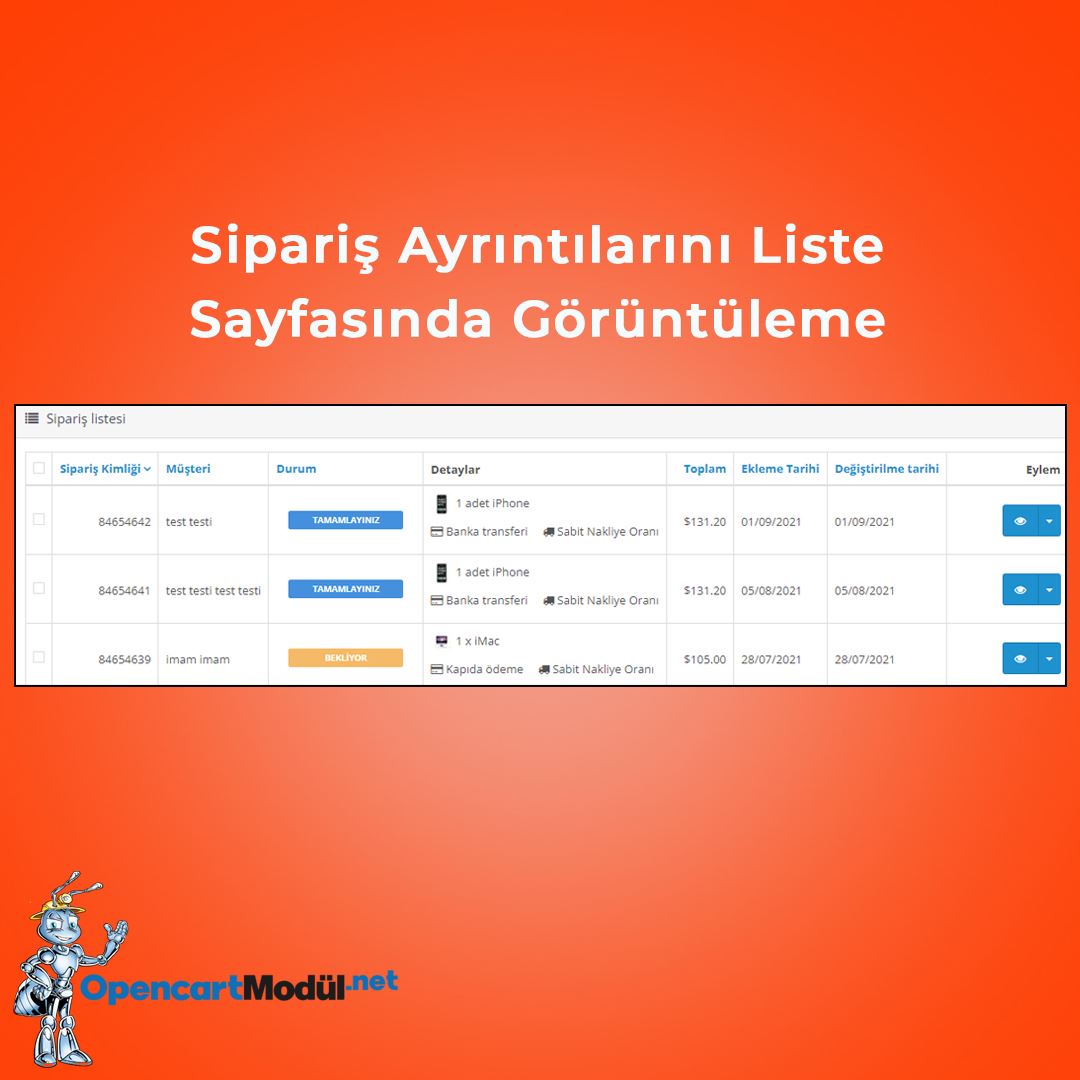 Sipariş Ayrıntılarını Liste Sayfasında Görüntüleme